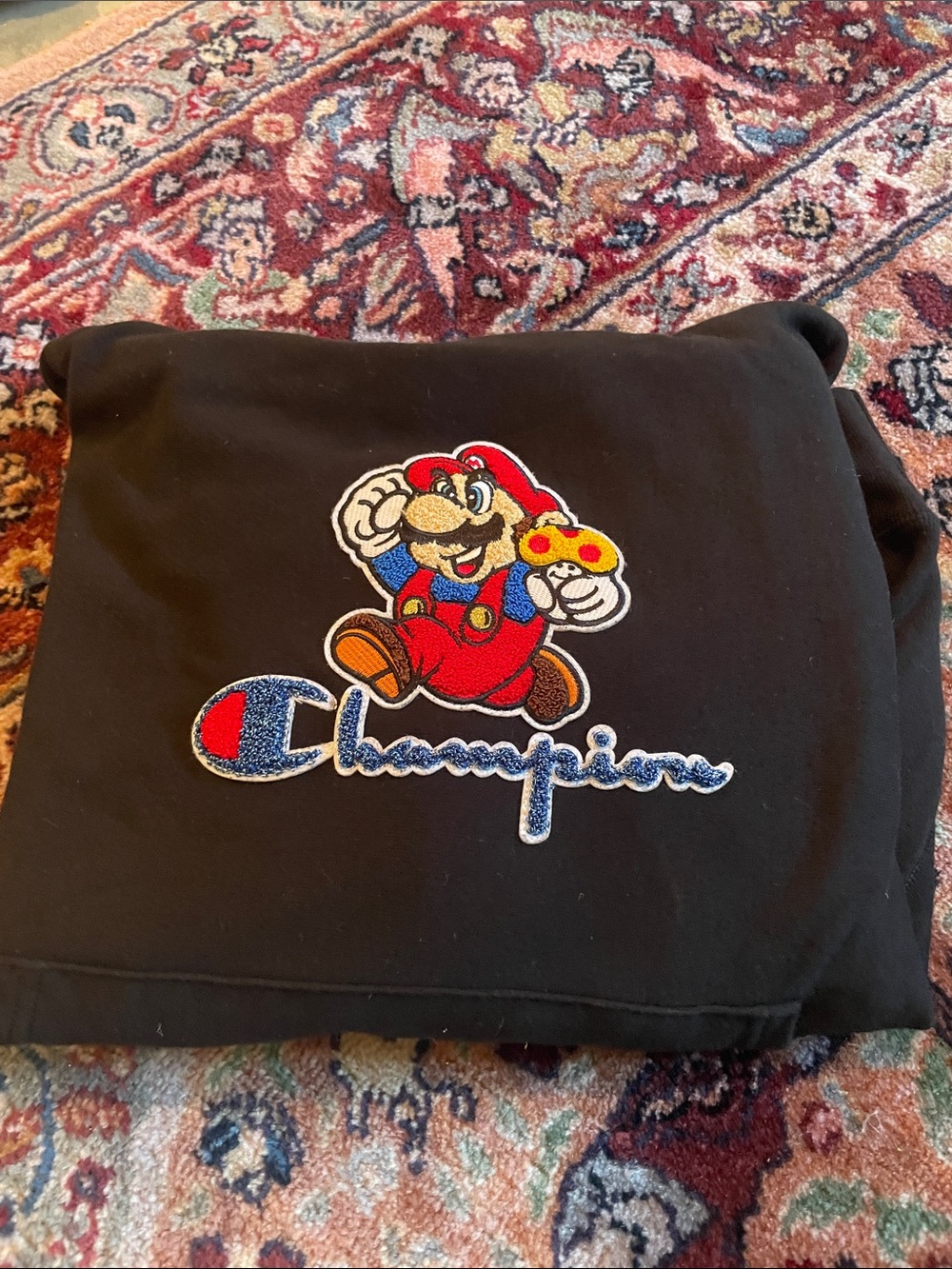 Champion Black Sweatshirt with Super Mario Patch (Collab hoodie)